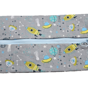 Handgenähte Pinsel- & Stiftetasche „Weltraum“ in Blau-Grau