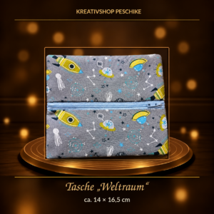 Tasche „Weltraum“ in Grau-Blau – ca. 14 × 16,5 cm