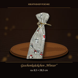 Geschenksäckchen grau mit Eisbär- und Pinguin-Motiv