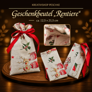 Geschenkbeutel mit Rentier-Motiv und roter Schleife