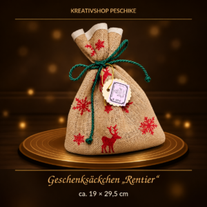 Geschenksäckchen aus Stoff „Rentier“ mit grüner Kordel