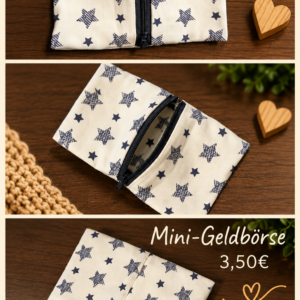 Mini-Geldbörse handgenäht – Creme mit blauen Sternen