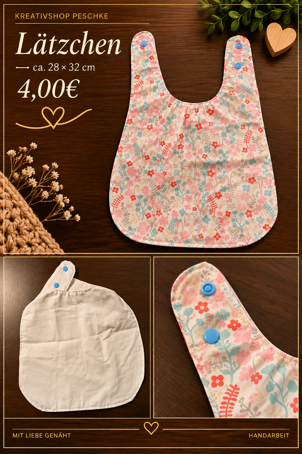Baby Lätzchen handgenäht – Blumenmuster mit Druckknöpfen
