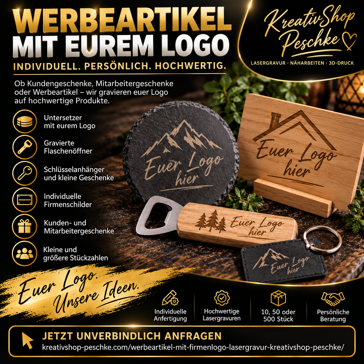 Werbeartikel mit Firmenlogo – individuelle Lasergravuren von KreativShop Peschke